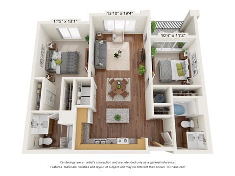 Floor plan for 2 beds, 2 baths, 932 sqft