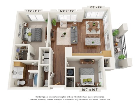 Floor plan for 2 beds, 1.5 baths, 907 sqft