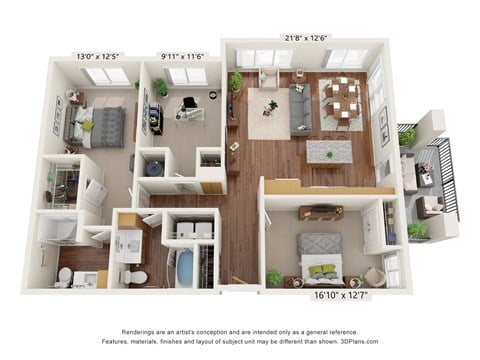 Floor plan for 3 beds, 2 baths, 1253 sqft