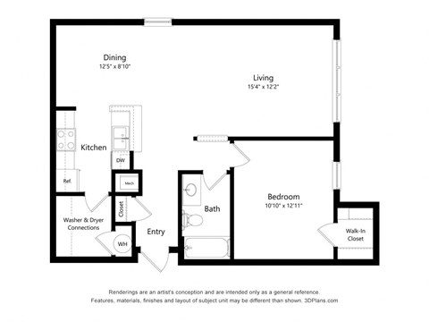 Floor plan for 1 bed, 1 bath, 834 sqft