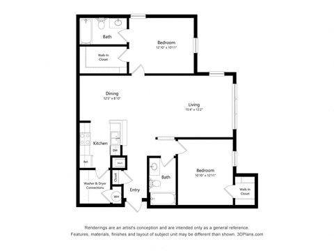 Floor plan for 2 beds, 2 baths, 1100 sqft