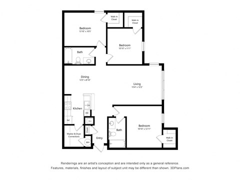 Floor plan for 3 beds, 2 baths, 1244 sqft