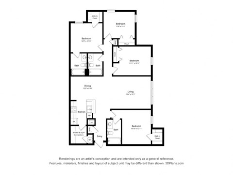 Floor plan for 4 beds, 3 baths, 1479 sqft