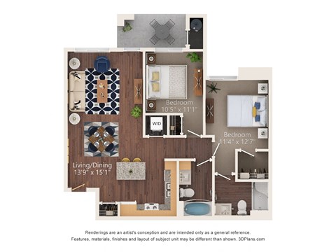 Floor plan for 2 beds, 2 baths, 907 sqft
