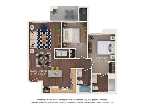 Floor plan for 2 beds, 2 baths, 925 sqft