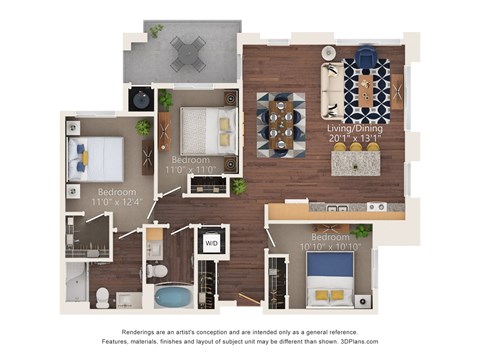 Floor plan for 3 beds, 2 baths, 1161 sqft