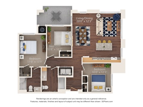Floor plan for 3 beds, 2 baths, 1154 sqft