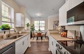 Durham apartment for rent - A kitchen with a black stove top oven and a sink with a faucet.