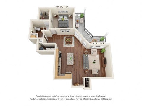 Floor plan for 1 bed, 1 bath, 799 sqft