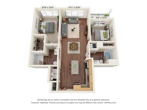 Floor plan for 2 beds, 2 baths, 979 sqft