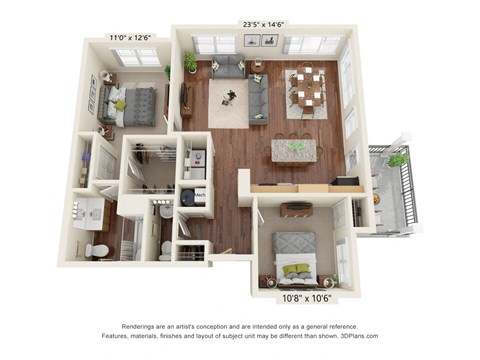 Floor plan for 2 beds, 1.5 baths, 1036 sqft