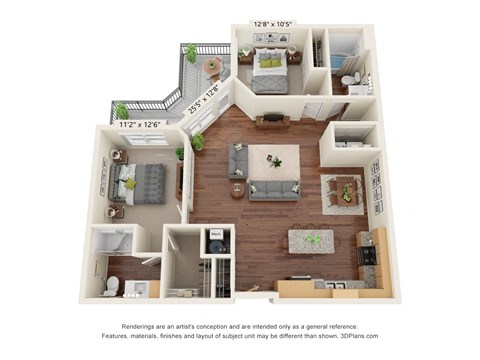 Floor plan for 2 beds, 2 baths, 1086 sqft