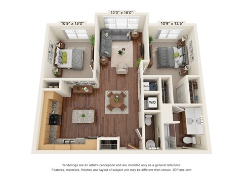 Floor plan for 2 beds, 2 baths, 1002 sqft