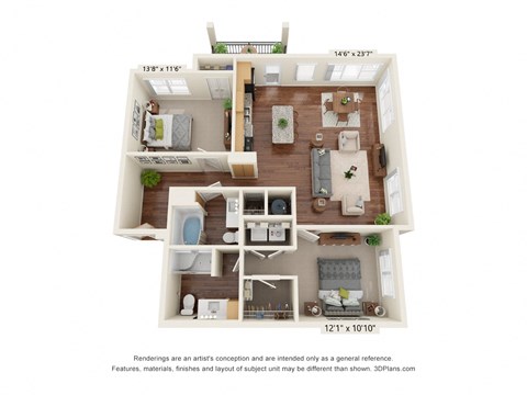Floor plan for 2 beds, 2 baths, 1158 sqft