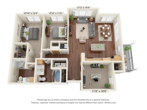 Floor plan for 3 beds, 2 baths, 1235 sqft