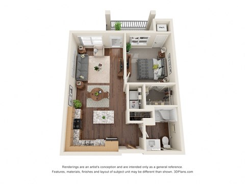 Floor plan for 1 bed, 1 bath, 723 sqft