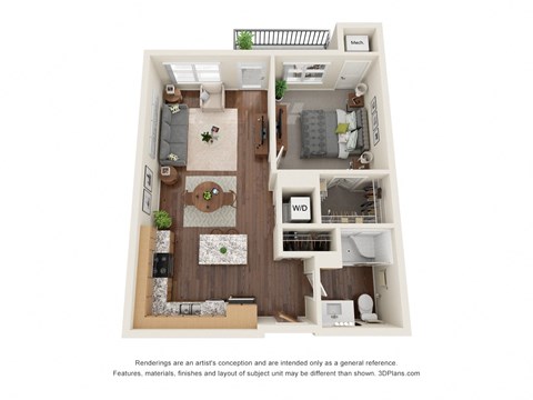 Floor plan for 1 bed, 1 bath, 723 sqft
