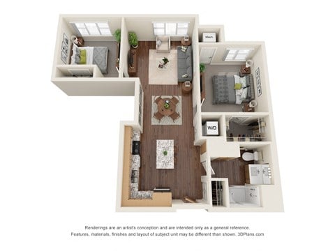 Floor plan for 2 beds, 1 bath, 925 sqft