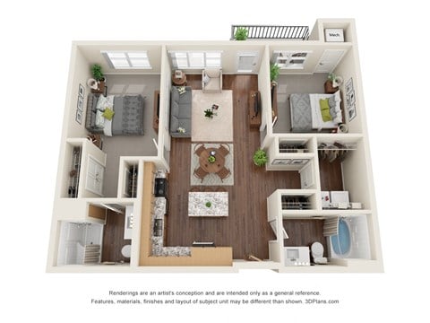 Floor plan for 2 beds, 2 baths, 1050 sqft
