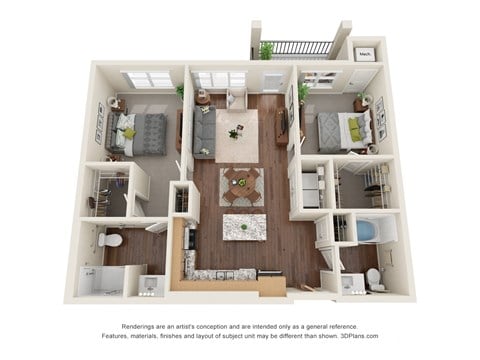 Floor plan for 2 beds, 2 baths, 1050 sqft