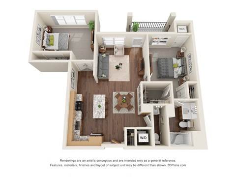 Floor plan for 2 beds, 2 baths, 1089 sqft