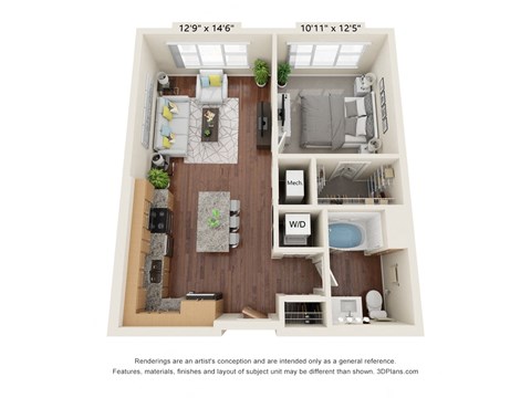 Floor plan for 1 bed, 1 bath, 706 sqft