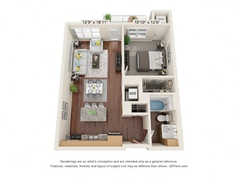 Floor plan for 1 bed, 1 bath, 723 sqft