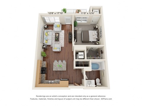 Floor plan for 1 bed, 1 bath, 723 sqft