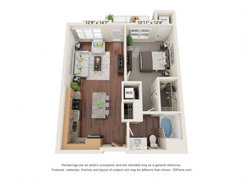 Floor plan for 1 bed, 1 bath, 723 sqft
