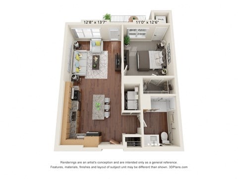 Floor plan for 1 bed, 1 bath, 723 sqft