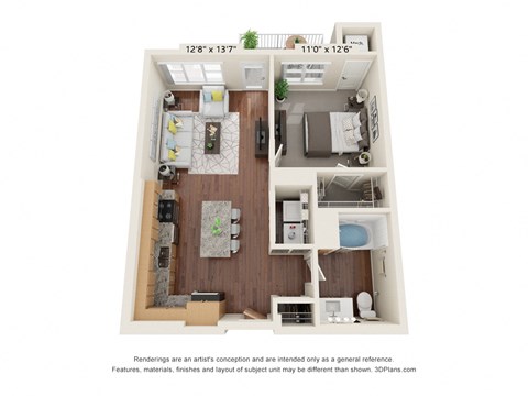 Floor plan for 1 bed, 1 bath, 723 sqft