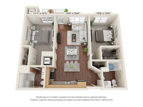 Floor plan for 2 beds, 2 baths, 1050 sqft