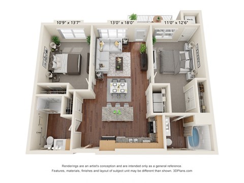 Floor plan for 2 beds, 2 baths, 1050 sqft