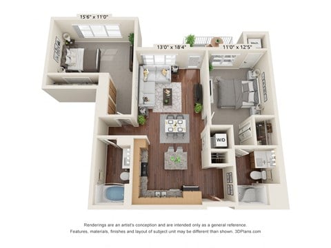 Floor plan for 2 beds, 2 baths, 1088 sqft