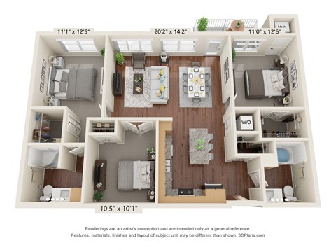 Floor plan for 3 beds, 2 baths, 1260 sqft