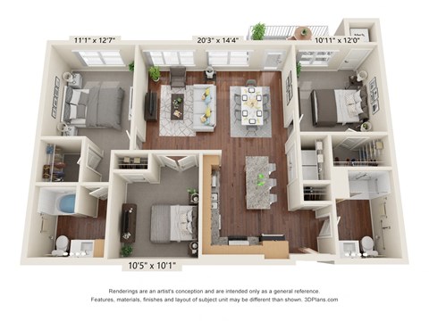 Floor plan for 3 beds, 2 baths, 1260 sqft