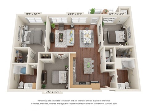 Floor plan for 3 beds, 2 baths, 1260 sqft