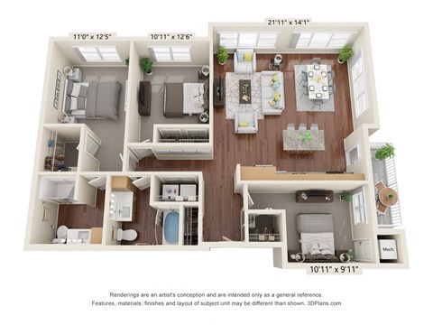 Floor plan for 3 beds, 2 baths, 1399 sqft