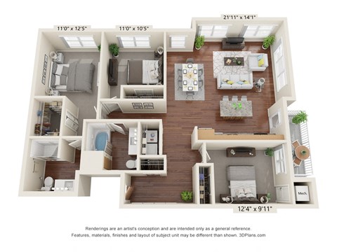 Floor plan for 3 beds, 2 baths, 1399 sqft