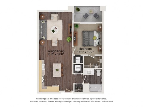 Floor plan for 1 bed, 1 bath, 692 sqft