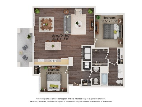 Floor plan for 2 beds, 1.5 baths, 1025 sqft