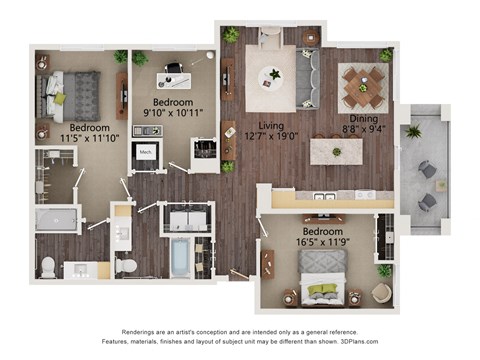 Floor plan for 3 beds, 2 baths, 1240 sqft