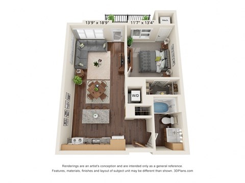 Floor plan for 1 bed, 1 bath, 723 sqft