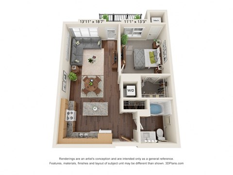 Floor plan for 1 bed, 1 bath, 723 sqft