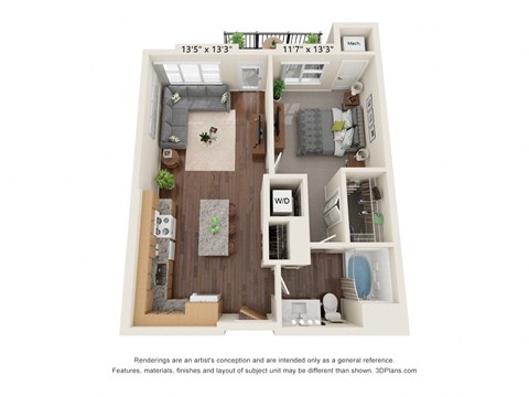 Floor plan for 1 bed, 1 bath, 723 sqft