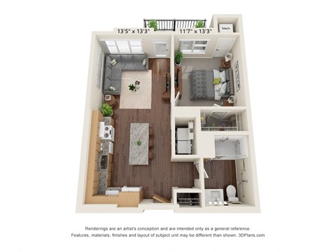 Floor plan for 1 bed, 1 bath, 723 sqft