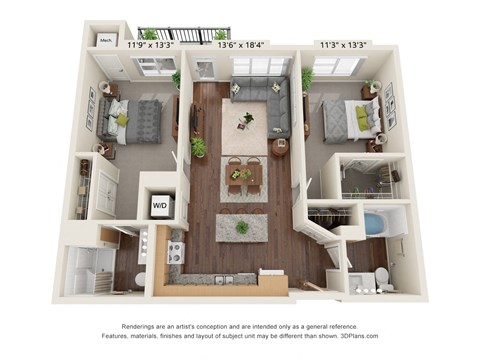 Floor plan for 2 beds, 2 baths, 1050 sqft
