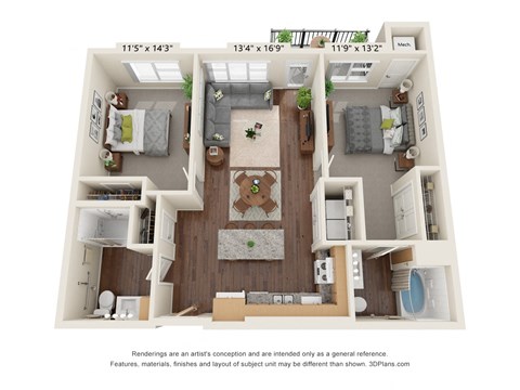 Floor plan for 2 beds, 2 baths, 1050 sqft