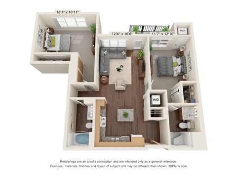 Floor plan for 2 beds, 2 baths, 1080 sqft