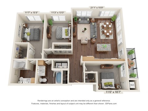 Floor plan for 3 beds, 2 baths, 1385 sqft